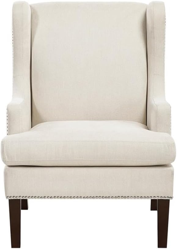Pemberly Row Accent Chair Textured Beige Upholstery Wingback Design with Nailhead Trim Plush Cushioned Seat Wooden Legs 21 in Seat Width Modern Classic Style for Living Room Bedroom or Office