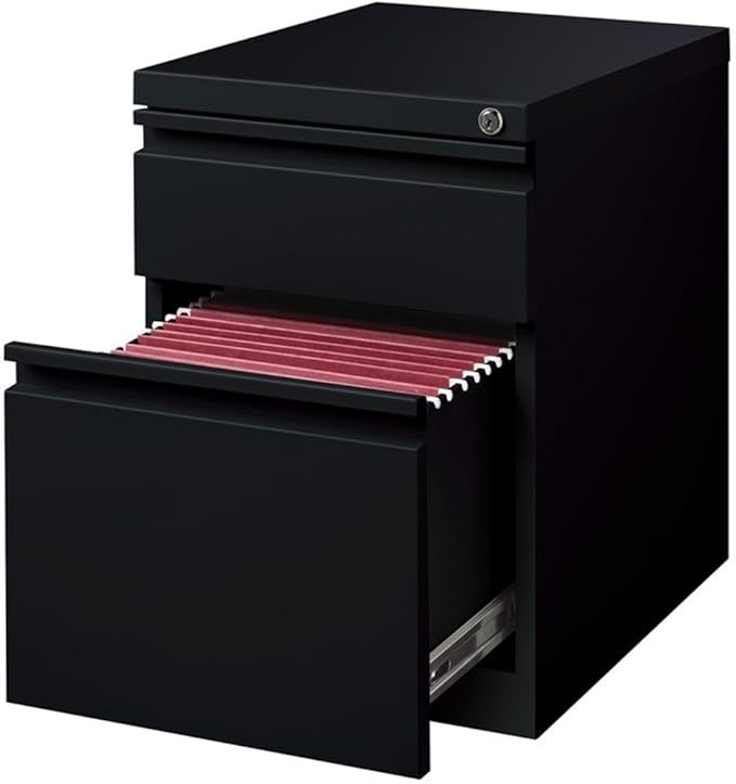 Pemberly Row Mobile Pedestal Filing Cabinet 2-Drawer Box/File 20 D Metal Construction Black Finish Hidden Casters Lockable Full Extension Drawers Fits Under Work Surface Office Storage