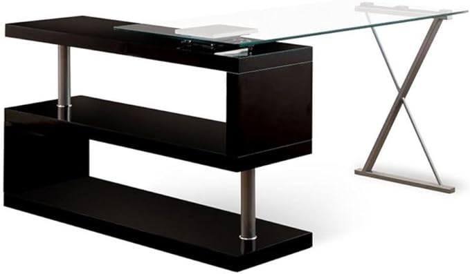 Furniture of America Lilliana S-Shaped Glass-Top Office Desk Black