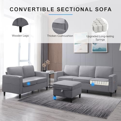 PUREMIND 2 Piece Living Room Sofa Set L Shaped Sectional Couch and Loveseat Sets Modern Linen 3 Seater Sofa with Storage Ottoman + 2-Seat Love Seat Furniture Sets for Apartment