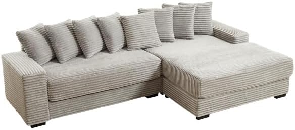 Comfy L Shaped Sectional Couches for Living Room 111 Oversized Modular Sectional Sofa with Chaise Lounge Modern Fluffy Plush Corduroy Couch with 8 Pillows (Right Facing Grey)