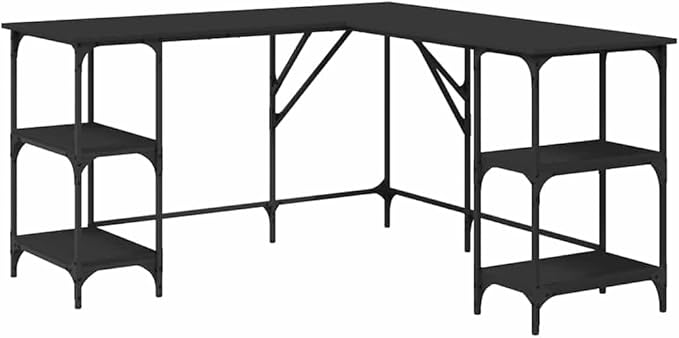 Large Black Engineered Wood Corner Desk Industrial Style Adjustable Feet Computer Desk for Home Office Study Dorm Room
