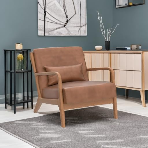 INZOY Mid Century Modern Accent Chair with Wood Frame PU Leather Reading Armchair with Waist Cushion Upholstered Living Room Chairs for Bedroom Sunroom (Camel)