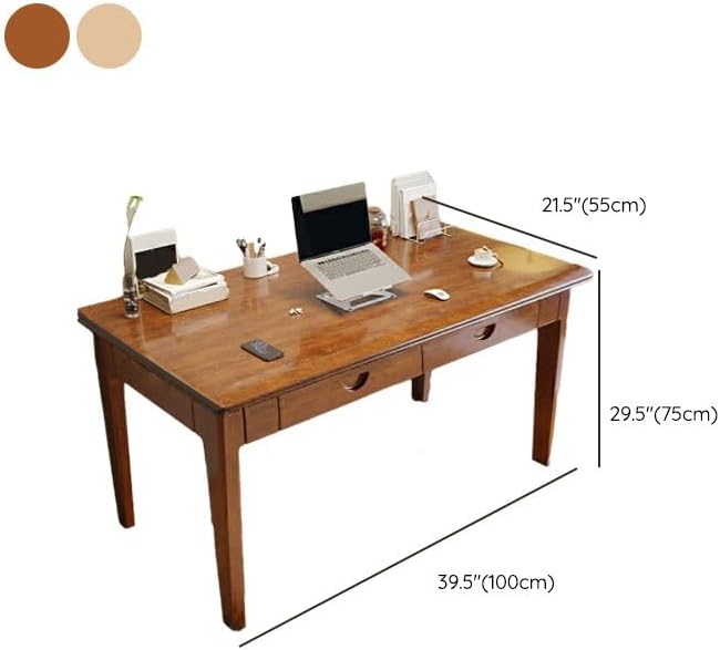RUNNUP Modern Wood Writing Desk with 2 Drawers 39.5 Home Office Desk Simple Study Desk for Small Spaces Without Chairs Nut-Brown