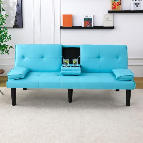 Futon Sofa Bed Modern Folding Couch for Small Space Faux Leather Convertible Loveseat Sleeper Bed Daybed Recliner Lounge Sofas for Living Room2 Cup HoldersMetal LegsRemovable Armrests (BLUE)