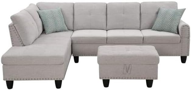 Sophisticated Simplicity Sectional Sofa with Ottoman Living Room Set Left Facing Chaise 2 Cup Holders 2 Throw Pillows Tufted Back and Seat - 99.5 D x 67 W x 32 H Light Gray