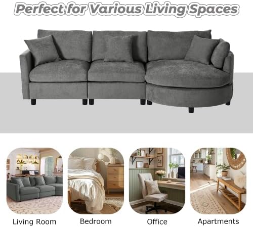 105 Chenille Fabric 3-Piece Sectional Sofa with Curved Chaise and 3 Throw Pillows 3-Seat Upholstered Couch with Solid Pine Wood Frame Perfect for Living Rooms Offices and Apartments (Grey-05)