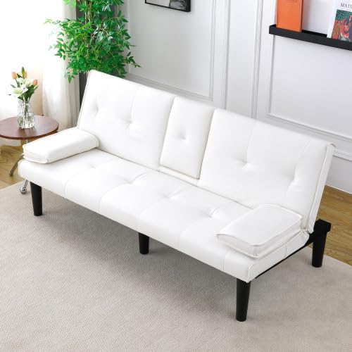 Convertible Folding Futon Sofa Bed Sleeper Couch for Living Room Modern Faux Leather Upholstered Loveseat w/Removable Armrests Metal Legs 2 CupHolders Love Seat Sofa Bed for Small Spaces (White)