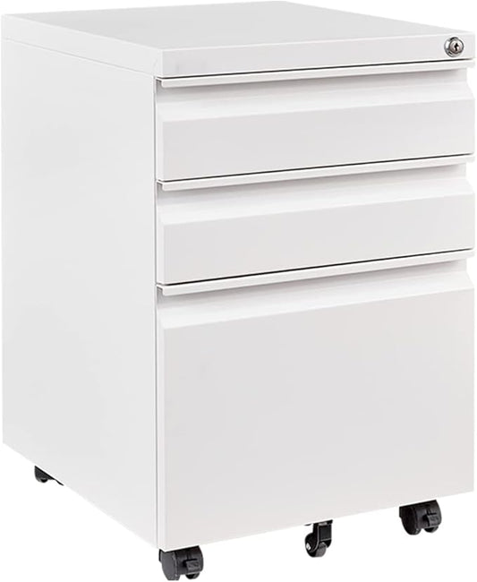 FLEXISPOT Mobile File Cabinet for Home Office Under Desk Storage with Lock Keys 3 Drawer File Cabinet for Legal/Letter/A4 File White