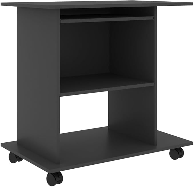 Modern Compact Gray Computer Desk with 3 Shelves and 4 Wheels for Home Office Engineered Wood Small Desk with Ample Storage and Mobility Sleek Design