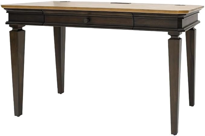 Pemberly Row Executive Writing Desk 54 in Wood Top Brown Finish Antique Bronze Hardware Dropfront Keyboard Drawer USB/AC Power Center Finished on All Sides Home Office Desk