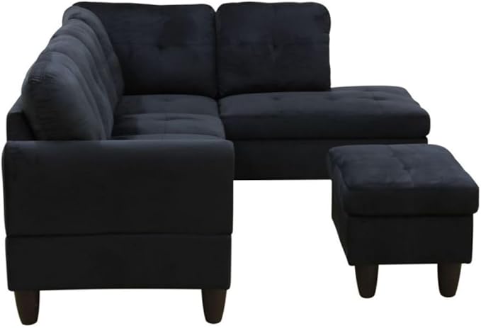Black L-Shaped 3-Piece Flannel Sofa with Storage Ottoman Set Sectional Couch Sofa Set for Living Room Office Small Space