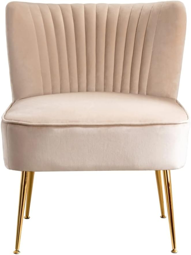 Mid Century Design Lounge Chair Living Room Accent ChairVertical Channel Tufting Iconic Silhouette |Accent Barrel Side Arm Chair |Solid Wood Frame Flared Gold-Finished Metal Legs Tan Taupe Color