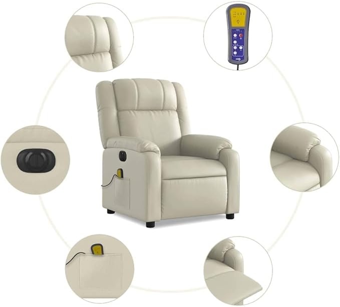 vidaXL Cream Electric Massage Recliner - Faux Leather Wingback Armchair with Vibration Sturdy Frame Electric Reclining Function for Living Room/Office