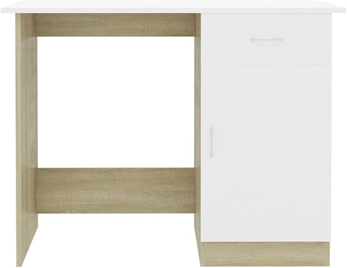 Modern Writing Computer Desk with a Drawer and a Door Home Office Desk Writing Study Table PC Desk Workstation for Bedroom White and Sonoma Oak 39.4x19.7x29.9 Engineered Wood(E)