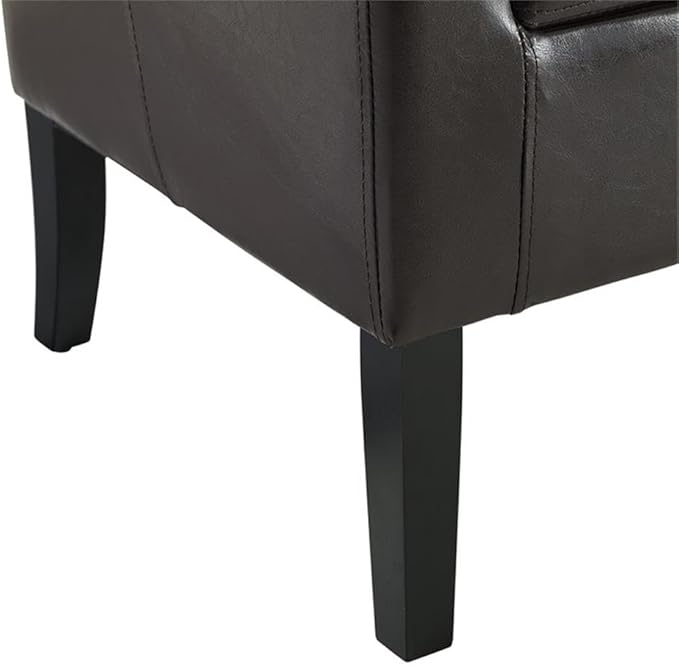 Pemberly Row Contemporary Faux Leather Barrel Club Chair Brown Finish Rubberwood Frame Upholstered Vinyl Flared Armrests Arching Backrest 28.25W x 25.5D x 33H Accent Chair for Living Room
