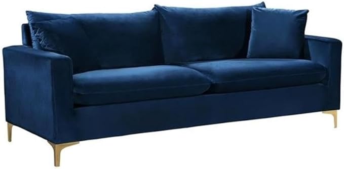 Meridian Furniture Naomi Collection Modern | Contemporary Navy Velvet Upholstered Sofa with Stainless Steel Base in a Rich Gold or Chrome Finish