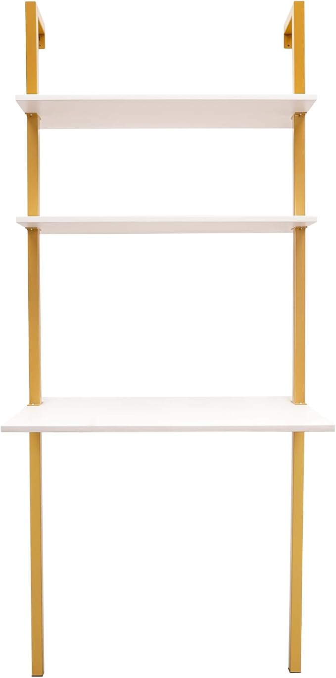 2-Shelf Industrial Wall Mount LadderWall Mount Computer or Writing Desk Computer Laptop Desk with Shelves Wall Table Floating Desk with Storage for Home Office Gold (20 Dx30 Wx72.8 H)