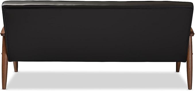 Baxton Studio Sorrento Mid-Century Retro Modern Faux Leather Upholstered Wooden 3-Seater Sofa Black