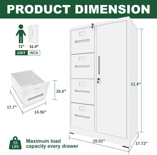 4 Drawer and 1 Door Metal File Cabinet with Lock Under Desk Locking Drawers Storage Cabinet Organizer Filing Cabinets for Home OfficeWhite-4Drawer-1Door