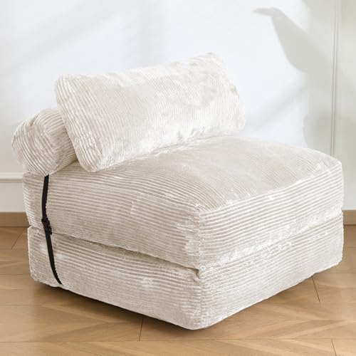 SHOUREN Folding Sofa BedConvertible Sleeper Chair Bed with PillowFoldable Futon Couch Mattress with Back SupportPortable Lazy Floor Sofa Lounger Beige Single