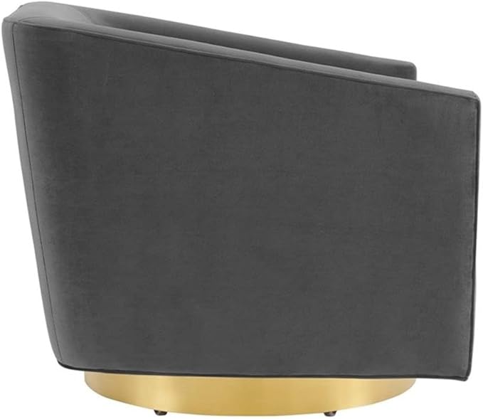 Pemberly Row Performance Velvet Swivel Chair 28H x 31.5W x 33D Brushed Gold Metal Base Stain-Resistant Charcoal Upholstery Dense Foam Padding Barrel Back Design for Living Room or Lounge Use