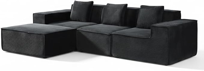 Harper Convertible Corduroy Sectional Couch with Ottoman &amp Pillows Modular L Shaped Sleeper Sofa Boneless Cloud Couch for Living Room Furniture Black