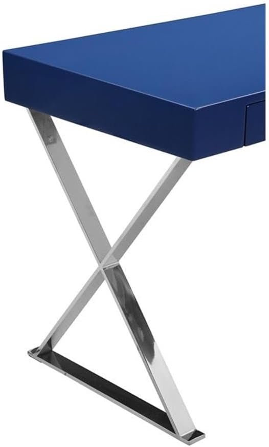 Pemberly Row Modern Writing Desk Glossy Navy Lacquer Finish High Polished Steel X-Legs 30 H x 24 W x 47 D Rectangular Design 2 Drawers Fully Assembled Top Home Office Desk