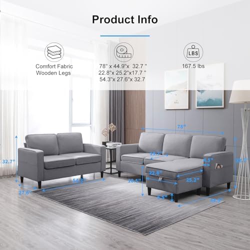 PUREMIND 2 Piece Living Room Sofa Set L Shaped Sectional Couch and Loveseat Sets Modern Linen 3 Seater Sofa with Storage Ottoman + 2-Seat Love Seat Furniture Sets for Apartment