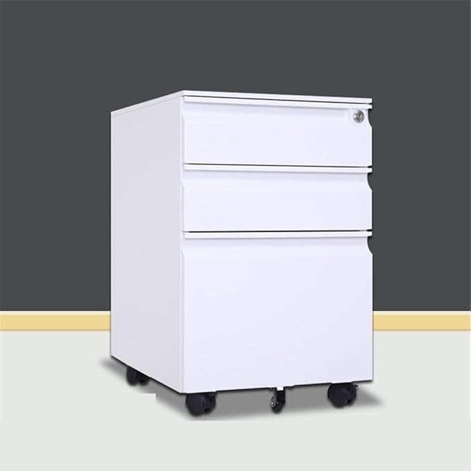 File Cabinets Steel Cabinet Three Drawers with Wheels Mobile Office File Short with Lock Thick File Storage Cabinets(White)