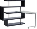 Pemberly Row L-Shaped Writing Desk with Glass Top Chrome and Black High Gloss Finish MDF and Tempered Glass 55 W x 24 D x 54 H 4 Shelves 360° Swivel Function Modern Home Office Desk