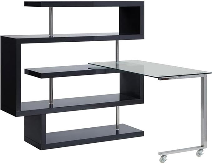 Pemberly Row L-Shaped Writing Desk with Glass Top Chrome and Black High Gloss Finish MDF and Tempered Glass 55 W x 24 D x 54 H 4 Shelves 360° Swivel Function Modern Home Office Desk