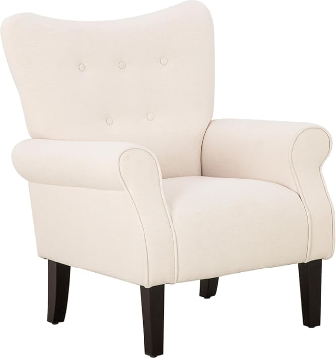 YOLENY Modern Accent ChairHigh Back ArmchairUpholstered Fabric Button Single Sofa with Wooden Legs for Living RoomBedroomClubBeige