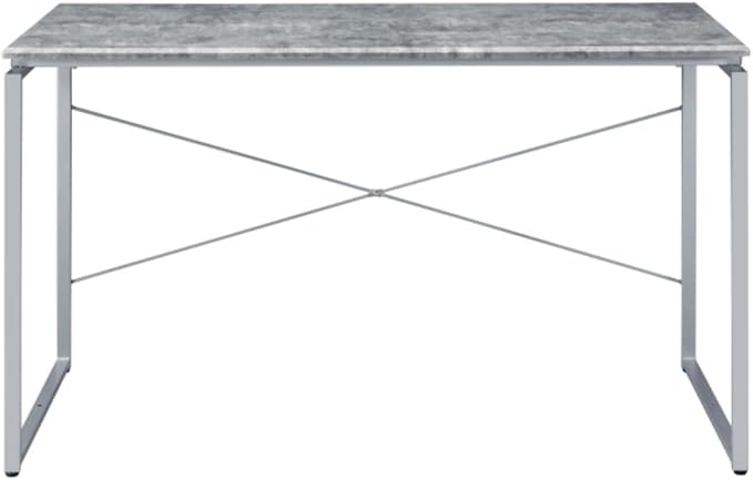 Faux Concrete &amp Silver Finish Industrial Style Writing Desk Open Back Design Durable Composite Wood and Steel Construction Compact Home Office Desk for Bedroom or Study