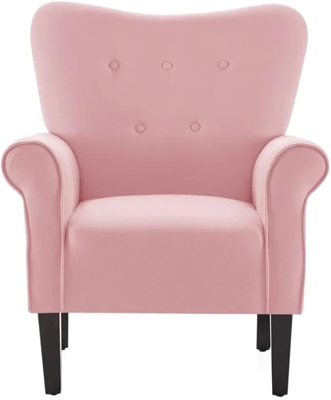 Modern Style Lounge Chair for Living Room | Stylish Wide Armchair Tufted High Backrest with Padded Arms &amp Deeply Thick Cushioned Seat | Durable Wood Manufactured | Aesthetic Look Baby Pink Color