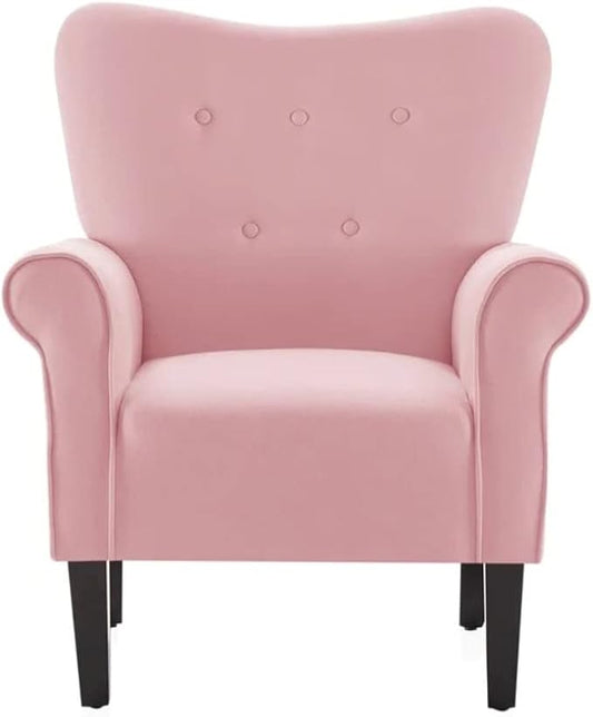 Modern Style Lounge Chair for Living Room | Stylish Wide Armchair Tufted High Backrest with Padded Arms &amp Deeply Thick Cushioned Seat | Durable Wood Manufactured | Aesthetic Look Baby Pink Color