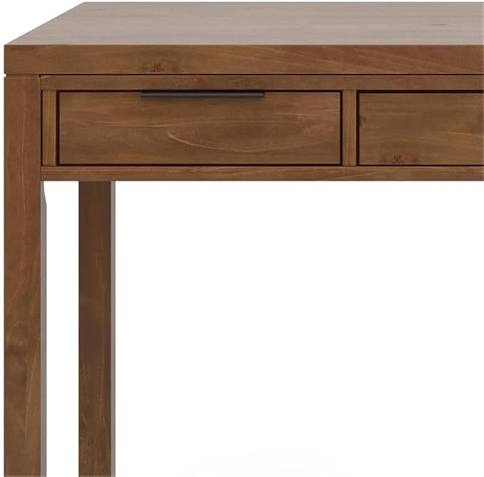 Pemberly Row Solid Wood Contemporary Desk 60 W x 24 D x 31.5 H Medium Saddle Brown Stain 2 Side Drawers Keyboard Tray Home Office Computer Desk