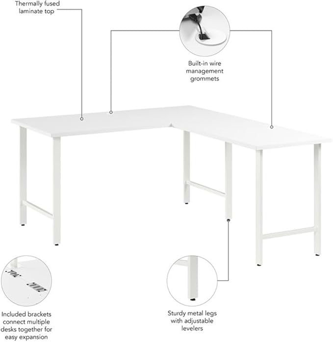 Bush Business Furniture Hustle 60W x 30D L Shaped Computer Desk with Metal Legs in White Modular Corner Table for Home and Professional Office