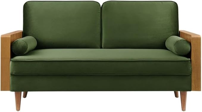 MAKLAINE Contemporary Vegan Leather Upholstered Loveseat Walnut Moss Green Finish Wood Veneer Armrests High-Density Foam Down Blend Cushions Tapered Wood Legs Mid Century Style for Living Room