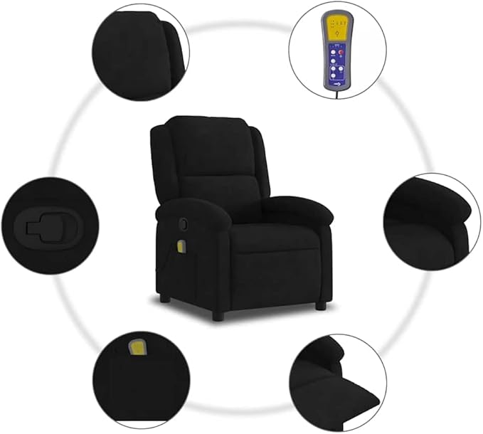 vidaXL Black Velvet Massage Recliner Chair for Elderly - Manual Reclining Lounger with Side Pocket and 6-Point Vibration No Heating Plush Seating