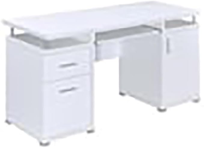 Pemberly Row 2-Drawer Wood Computer Desk 55 W x 23.5 D x 29.5 H White Finish Modern Home Office Desk with Keyboard Tray File Drawer Adjustable Shelf Storage Cabinet Silver Metal Accents