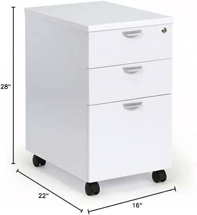 NBF Esquire 16 W Office Files Pedestal Cabinet - 3 Drawer File Cabinet with Lock - Mahogany Laminate Office Filing Cabinets - Modern Mobile File Cabinet Document Storage (22 D x 28 H White)