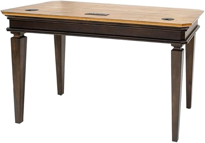 Pemberly Row Executive Writing Desk 54 in Wood Top Brown Finish Antique Bronze Hardware Dropfront Keyboard Drawer USB/AC Power Center Finished on All Sides Home Office Desk