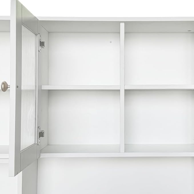 Polibi Rotating Computer Desk with Storage - 90° Adjustable Desktop 4 Glass Door Cabinets &amp Drawer Open Shelves for Home Office Study Room or Living Room White