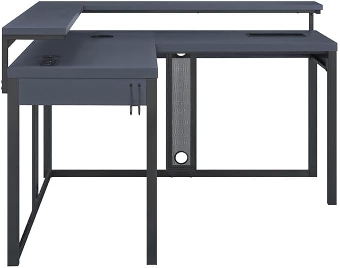 Pemberly Row L-Shape Gaming Desk 54x54x36 in Black Steel Metal Chevron PVC Finish RGB LED Lights Dual Monitor Shelves USB Charging Hub Headphone Hook Home Office or Gaming Desk