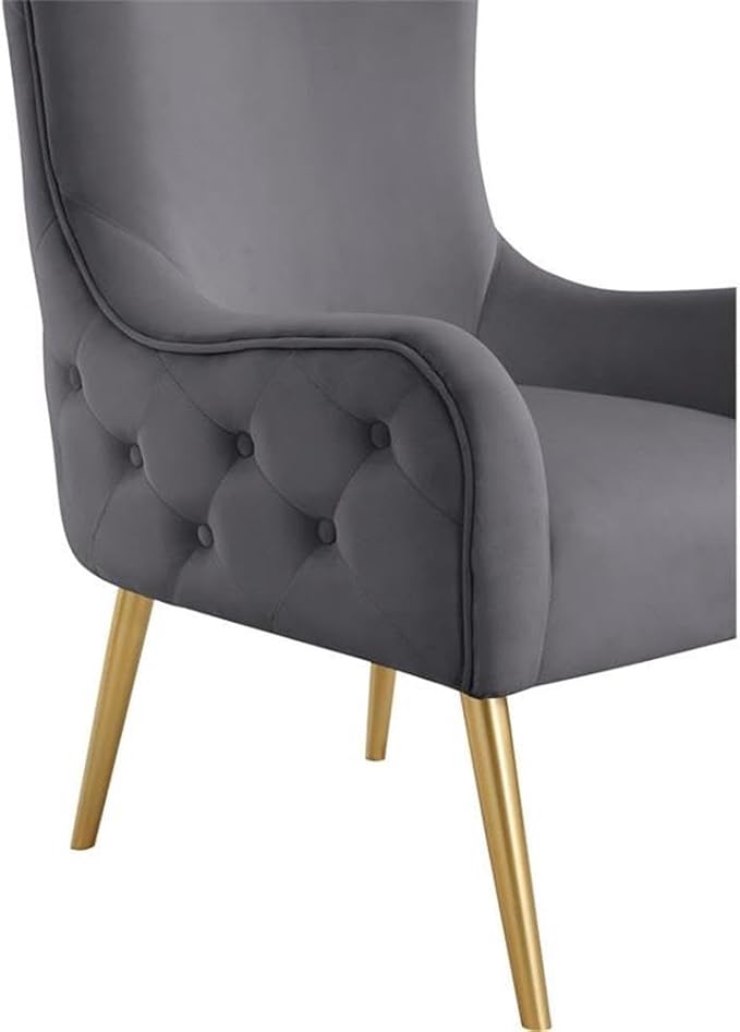 Meridian Furniture 536Grey Alexander Collection Modern | Contemporary Velvet Upholstered Accent Chair with Sturdy Gold Metal Legs and Deep Button Tufting on Back 27 W x 33 D x 51 H