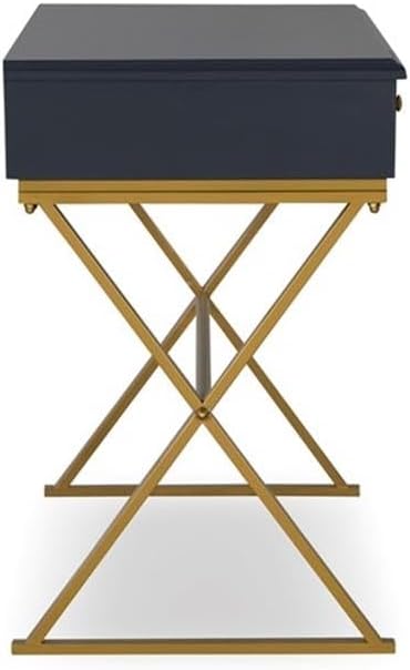 Pemberly Row Writing Desk 47.5 W x 19.5 D x 29.25 H MDF and Metal Blue Top with Gold Criss Cross Legs 2 Drawer Storage Modern Style for Office or Workspace