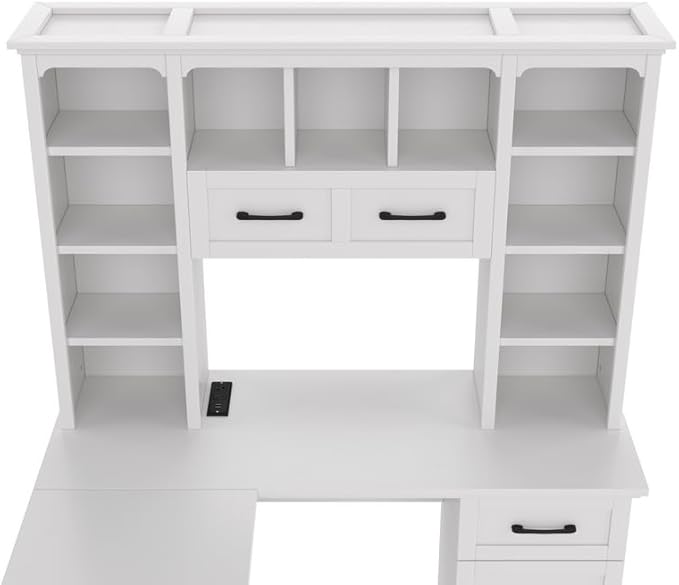 Polibi L-Shaped Computer Desk with Storage - 2-in-1 Design with 2 Drawers and 2 Cabinets 11 Open Shelves &amp Power Outlet for Home Office Study Room White