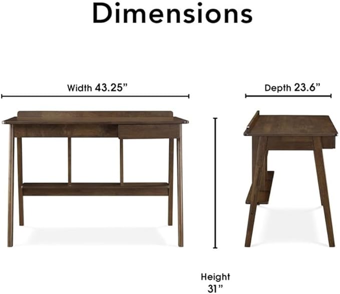 UrbanPro Modern Writing Desk Brown Wood Finish Mid-Century Contemporary Design Slim Profile with Drawer and Shelf Functional Home Office Desk for Small Rooms or Apartments