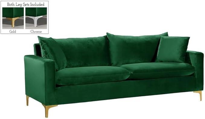 Meridian Furniture Naomi Collection Modern | Contemporary Green Velvet Upholstered Sofa with Stainless Steel Base in a Rich Gold or Chrome Finish 81.5 W x 33.5 D x 30 H (633Green-S)